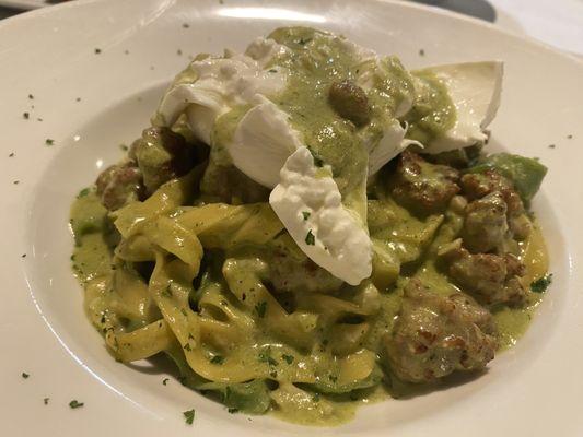 Pistachio pesto fettuccine with sausage and buratta. Absolutely fabulous. The pistachio and buratta hit it out of the park