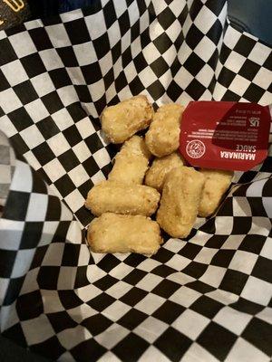 Mac & Cheese bites with marinara. Son approved.