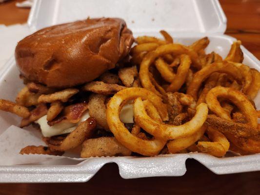 Rodeo Burger with added Jalapeños (recommended addition, balances the sweetness), and regular curly fries.