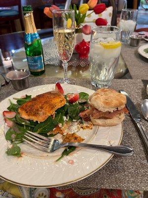 Strawberry spinach salad with salmon and a side of the country ham biscuits with the mustard honey sauce