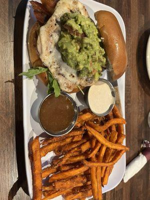 Chicken Avocado Sandwich with Sweet Potato Fries, Marshmallow and Maple Syrup Sauce