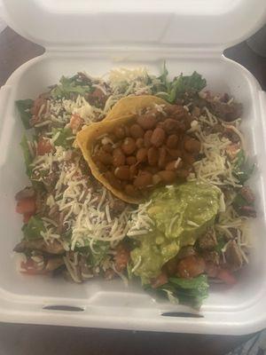 Tortilla Salad with Steak. Pinto beans on request instead of Black beans