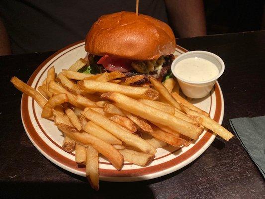 Bacon and Bleu burger with fries