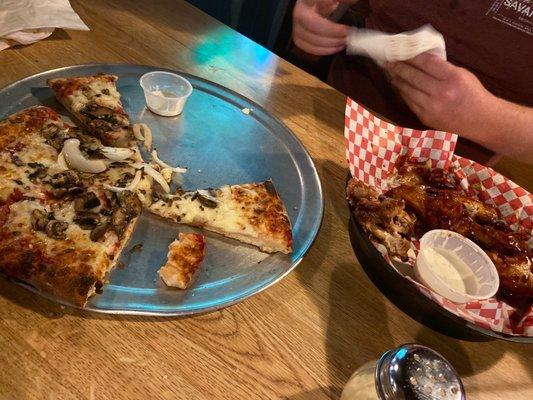 Mushroom and onion pizza , BBQ Bone-In Wings