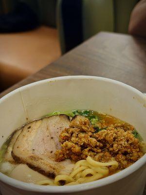 EAK Kara Miso Ramen with seasoned eggs + green onions (scallions)