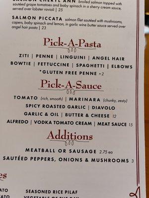 Menu pasta selections