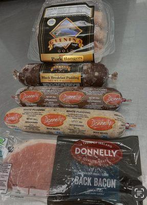 Irish style sausages, rashers black and white pudding