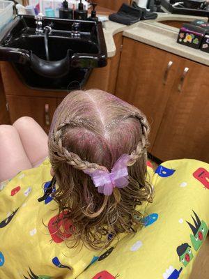 Heart braid with glitter and a butterfly bow- my 3yo loved it so much she doesn't want to take it out!