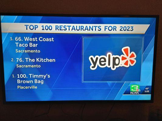 KCRA News Report on 1/25/2023 - Timmy's Brown Bag is #100 on Yelp's Top 100 US Restaurants 2023