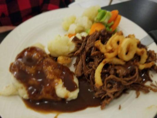 Lighter fare menu Pot Roast dinner w/sides of mashed potatoes and vegetable medley