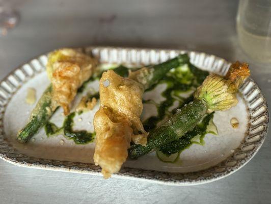 Tempura fried goat cheese stuffed squash blossom