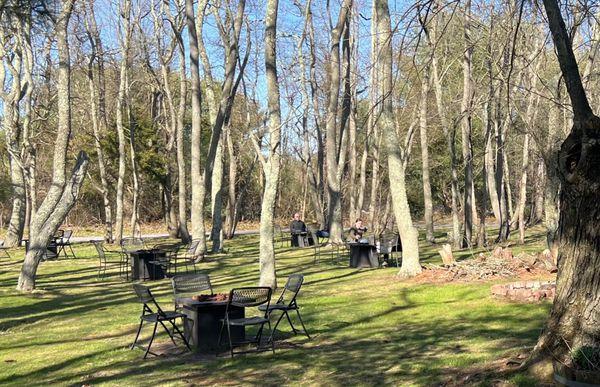 Outdoor seating with fire pits, nicely spaced