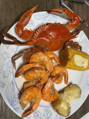 Crab, shrimp, potato, and corn from the Friday $19.99 special