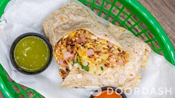 Classic Breakfast Burrito.
 Bacon, Ham, Eggs, Cheese