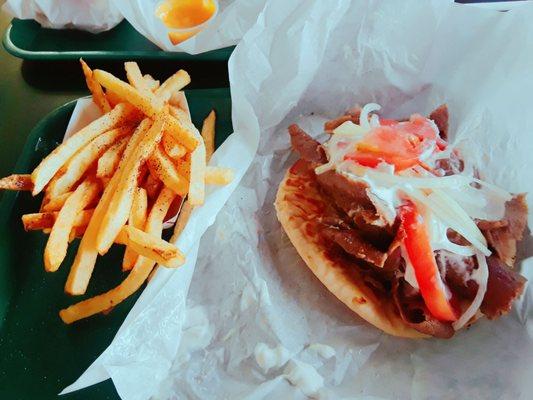 My lunch of gyros sandwich with fries ($6.50). Not bad!