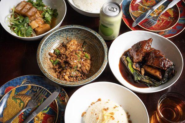 Red Braised Chicken, Sweet and Sour Pork Belly, and Typhoon Shelter Mushroom