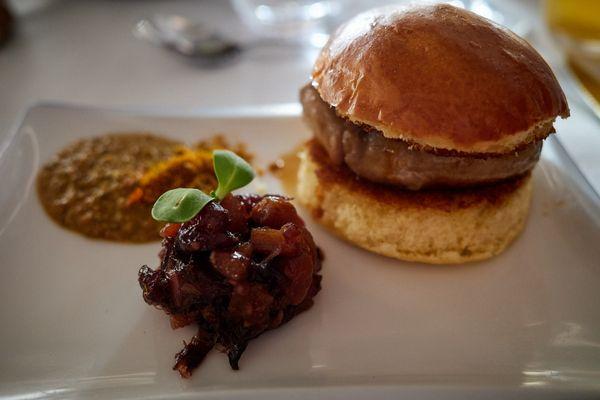 Foie gras sando w/ apricot chutney, pistachio butter on toasted brioche