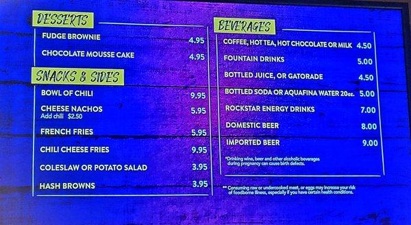 Dessert and beverage menu