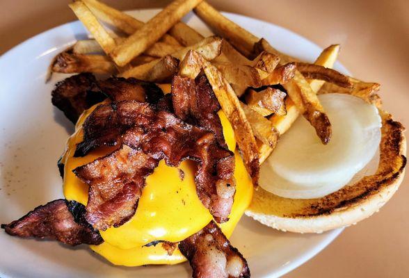 The Great Dane burger w/fries. No lettuce, tomatoes, but added onions ($15.25, 10/24/24).