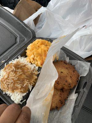 Salmon Croquettes w/rice (w. Gravy) and baked Mac and cheese.