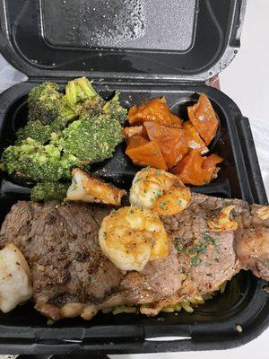 Steak and Shrimp and Broccoli and yams. The Broccoli seasoned very good.