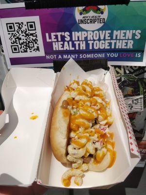 Stop Scaring My Dog: vegan dog topped with baked beans, macaroni salad, Carolina BBQ and cole slaw