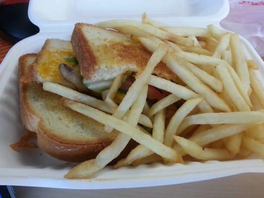 Veggie grilled cheese with fries, under $4.