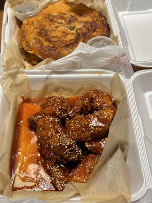 Spicy wings & kimchi pancakes