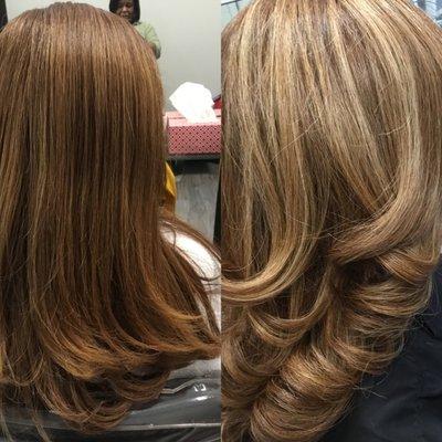 Before brassy hair, and after hair has been lightened and toned out the brassiness.  Her hair has keratin which got it to this length.