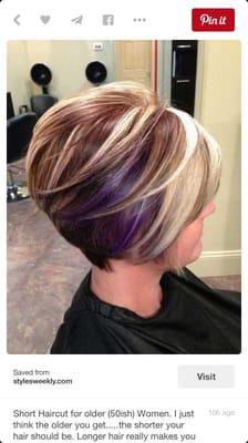 Bob hair cut with blonde and purple tones