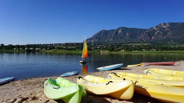 Private 35-acre lake and beach with complimentary boat rentals at Cheyenne Mountain Resort