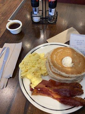 Buttermilk pancakes, eggs, bacon