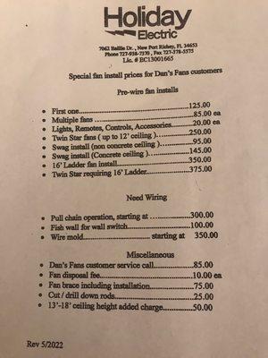 Electrician fan installation price list