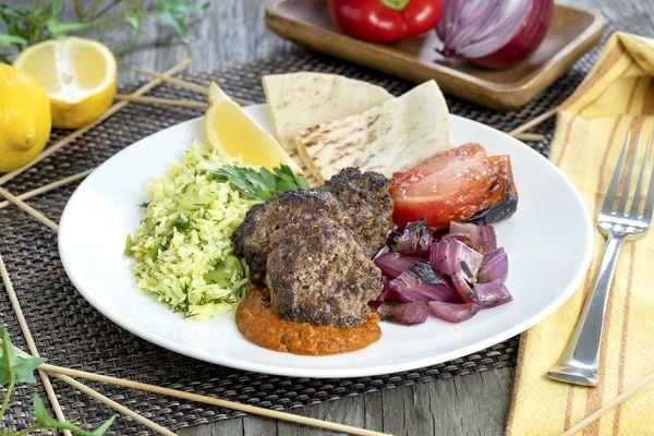 Beef Kabobs with Fava Basmati and Muhammara Sauce