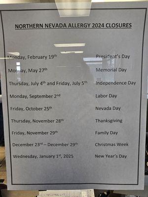 2024 closed days /holidays