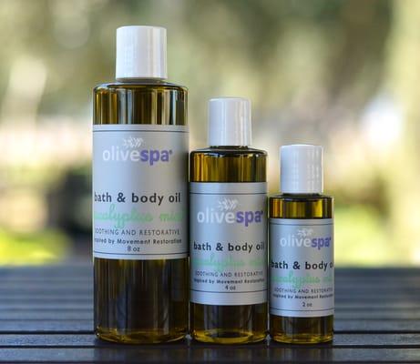 Olivespa from Queen Creek Olive Mill- inspired by Movement Restoration Eucalyptus Mint. Product used in treatments & For Sale.