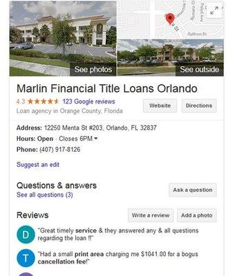 Marlin Financial ADVERTISES itself as a TITLE LOAN LENDER in direct violation of FL STATUTE 537!!! (And the Office pictured is fake too!)