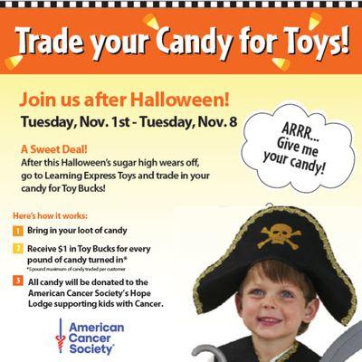 Donate your Halloween candy! From Nov 1-8, and get some toy bucks!