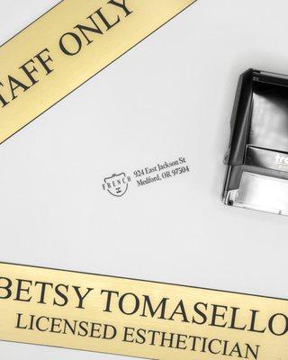 Custom Engraved Name Plates and a Self Inking Address Stamp