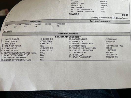 Oil change check list.