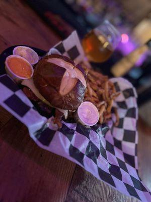 Pork, fungus and Swiss...is there anything better on a pretzel bun! NOT!