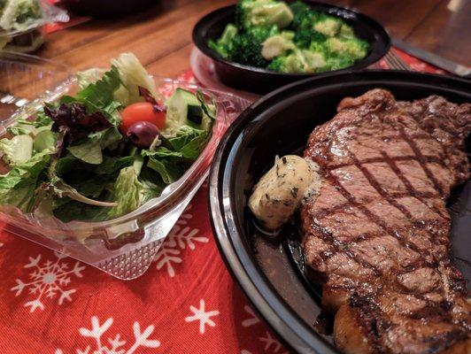 14oz Strip Steak, Side of Broccoli, Side Garden Salad