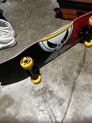 Blind deck, thunder hollow light trucks, orbs pugs wheels, and bones bearings, and peralta grip