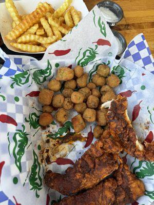 Fried Okra, Spicy Tenders, French fries