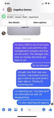 Her name is Angelica and she runs this SCAM on Facebook marketplace!