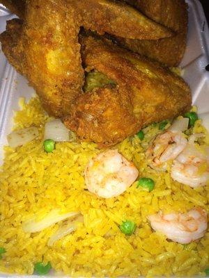 fried chicken wings with shrimp fried rice :) :) :)