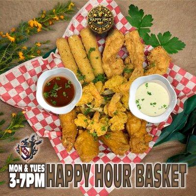 2024 Update: Happy Hour Basket available Mon & Tues from 3-7pm | This is smaller in scale than our signature sampler platter.