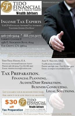 Income Tax Experts - Bring in this offer and receive $30 off your tax preparation fee. Call us at 916.716.5224!