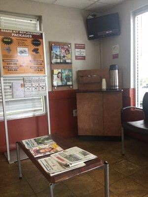 The waiting room has a tv and a lot of windows, you can watch them work on your car or look at the traffic on the street.