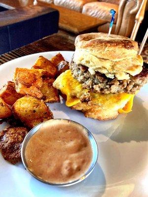 Breakfast sammy on a biscuit. We couldn't tell this was all vegan. Delish!